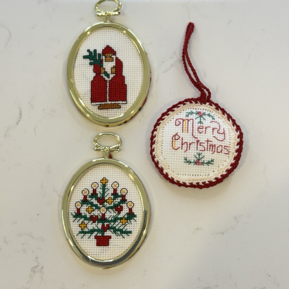 Vtg Cross Stitch Christmas Ornaments Cottage Core Gold Framed Santa Americana
